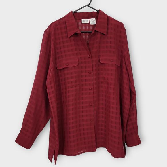 Liz Baker Blouse Womens Size 20W Red Check Sheer Long Sleeve Button Up S… - Picture 1 of 12